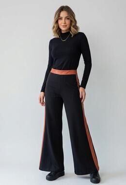 Staud Wide Leg Pants M Black Brown Side Faux Leather Career Work Retro Edgy Chic